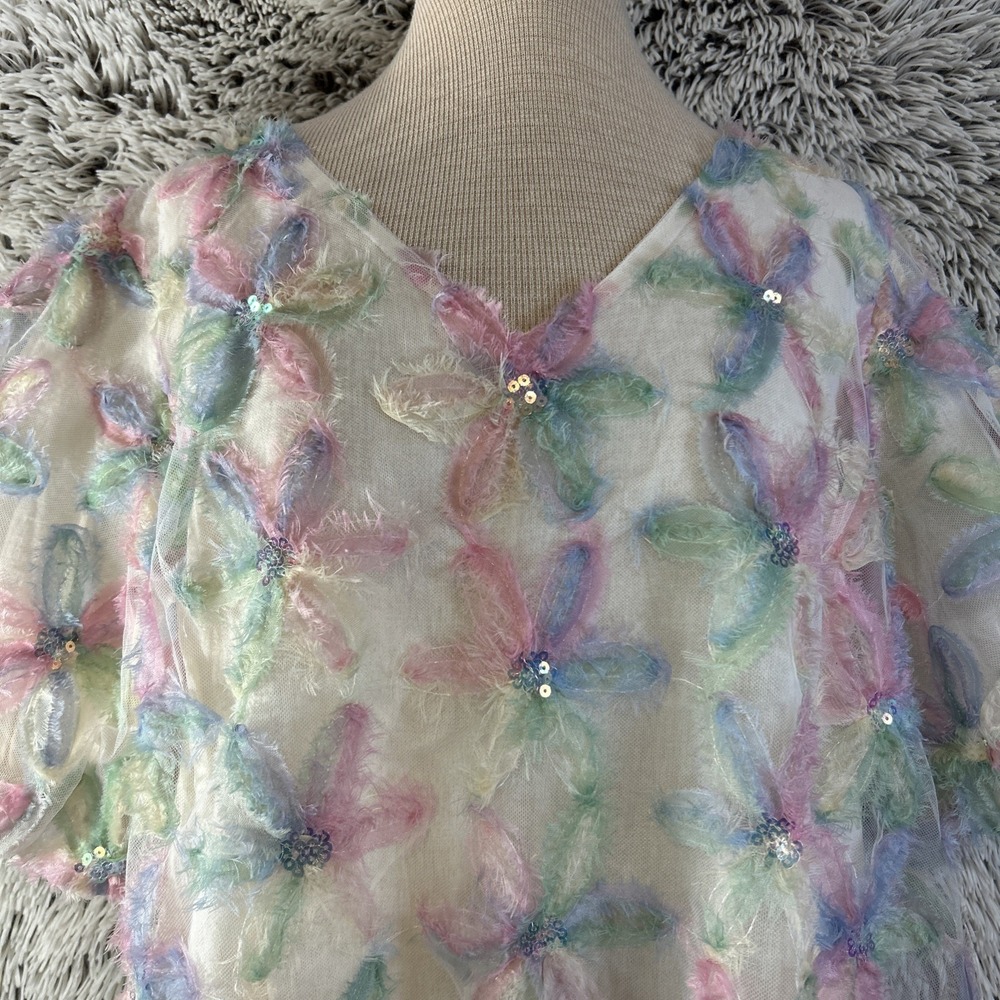 Umgee 3D Floral Boho Hippie Sheer Top Blouse Size L Puff Sleeves Sequins‎ Mesh - Picture 6 of 13